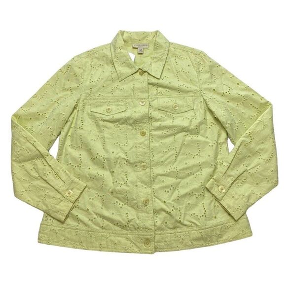 Appleseed's Yellow Green Eyelet Lace Button Down Jacket Sze Petite Medium PM NEW - Picture 7 of 8
